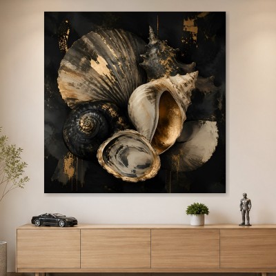 Muscheln in Schwarz und Gold, Wandbild oder Fine Art Print