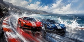 Rennsport am Meer als Leinwand oder Poster