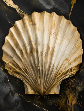 Goldene Muschel auf schwarzem Marmor, Wandbild oder Kunstdruck