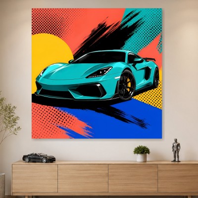 Türkisfarbener Sportwagen als Leinwand oder Poster mit Pop-Art-Energie