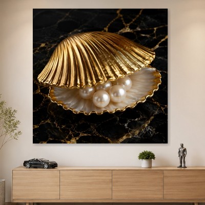 Goldene Muschel mit Perlen als Kunstdruck oder Poster