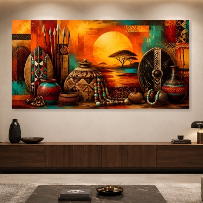 Afrikanisches Stillleben als Leinwand oder Poster mit Sonnenuntergang
