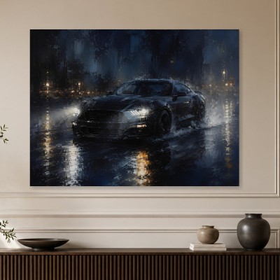 Dynamischer Sportwagen im Regen als Modernes Wandbild oder Leinwandbild