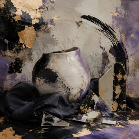 Abstraktes Wandbild und Kunstdruck mit Keramikvase in Gold und Violett