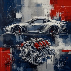 Sportwagen und Motor als Modernes Wandbild oder Acrylbild