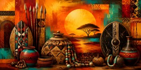 Afrikanisches Stillleben als Wandbild oder Kunstdruck mit warmer Sonnenlandschaft