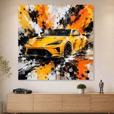 Gelber Sportwagen als Leinwand oder Acrylbild mit expressivem Splash-Stil