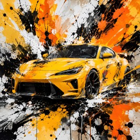 Gelber Sportwagen als Leinwand oder Acrylbild mit expressivem Splash-Stil