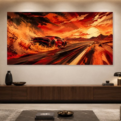 Roter Sportwagen im Sonnenuntergang, Leinwand oder Acrylbild