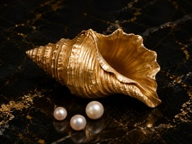 Goldene Muschel mit Perlen als Kunstdruck und Poster Goldene Muschel mit Perlen als Kunstdruck und Poster