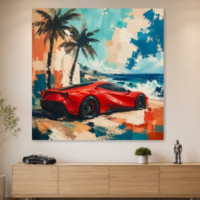 Roter Sportwagen am Meer, Leinwand und Poster mit tropischem Flair