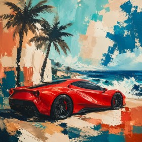 Roter Sportwagen am Meer, Leinwand und Poster mit tropischem Flair Roter Sportwagen am Meer, Leinwand und Poster mit tropischem Flair
