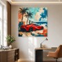 Roter Sportwagen am Meer, Leinwand und Poster mit tropischem Flair