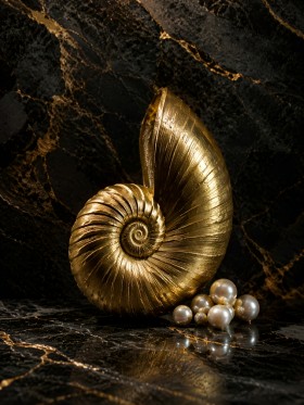 Goldene Muschel mit Perlen, Stillleben Kunstwerk und Fine Art Print Goldene Muschel mit Perlen, Stillleben Kunstwerk und Fine Art Print