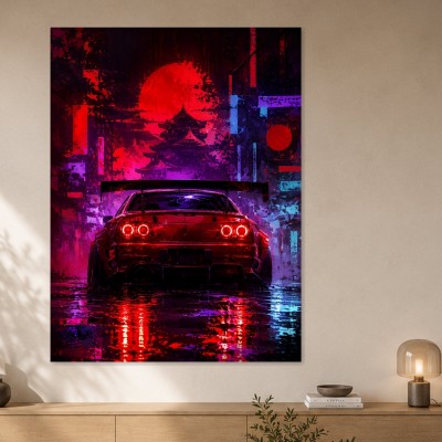 Neon Samuraistadt mit Sportwagen, Poster oder Acrylbild