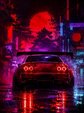 Neon Samuraistadt mit Sportwagen, Poster oder Acrylbild Neon Samuraistadt mit Sportwagen, Poster oder Acrylbild