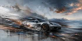 Sportwagen trifft Landschaft, Wandbild oder Acrylbild in dynamischer Optik Sportwagen trifft Landschaft, Wandbild oder Acrylbild in dynamischer Optik