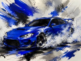 Blauer Sportwagen als Leinwandbild oder Acrylbild mit dynamischer Kraft Blauer Sportwagen als Leinwandbild oder Acrylbild mit dynamischer Kraft