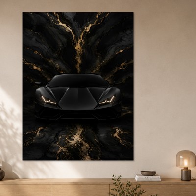 Schwarzer Supersportwagen, Acrylbild oder Modernes Wandbild mit Goldakzenten