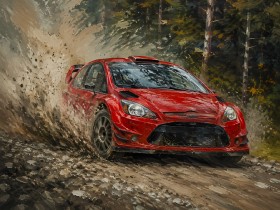Rotes Rallye-Auto als Leinwand oder Acrylbild mit Dynamik Rotes Rallye-Auto als Leinwand oder Acrylbild mit Dynamik