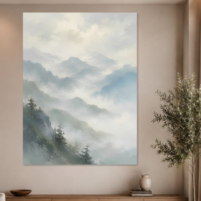 Neblige Berglandschaft als Wandbild oder Kunstdruck