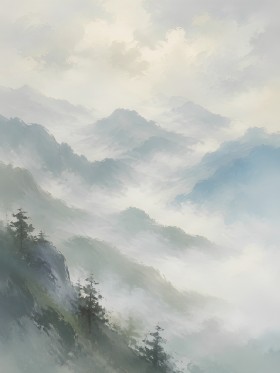 Neblige Berglandschaft als Wandbild oder Kunstdruck