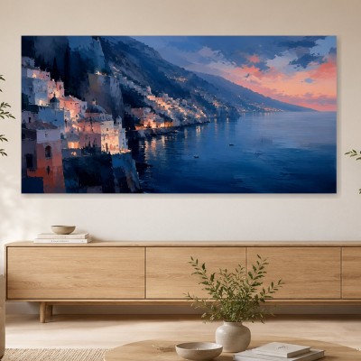 Mediterrane Küstenstadt bei Abendlicht als Wandbild oder Kunstdruck
