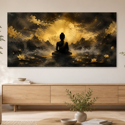Meditative Buddha Wandbild oder Fine Art Print in Gold und Schwarz
