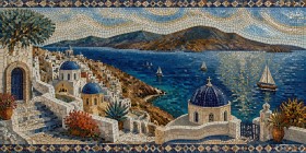 Santorin-Mosaik am Meer als Wandbild oder Fine Art Print