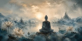 Meditative Buddha am See, Kunstwerk oder Modernes Wandbild
