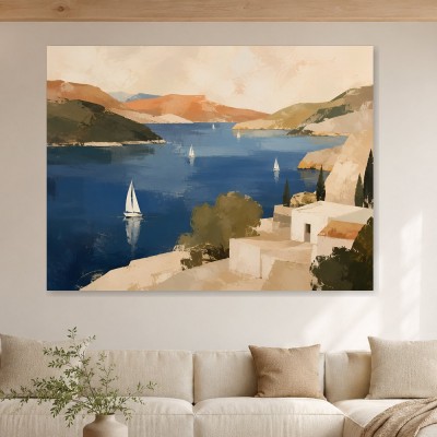 Mediterrane Küste mit Segelbooten, Leinwand oder Kunstdruck