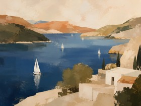 Mediterrane Küste mit Segelbooten, Leinwand oder Kunstdruck
