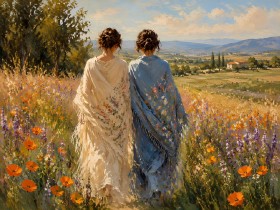 Zwei Frauen im Sommerfeld, Leinwandbild oder Kunstdruck