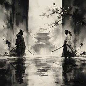 Samurai im Nebel: Wandbild oder Acrylbild in monochromer Eleganz