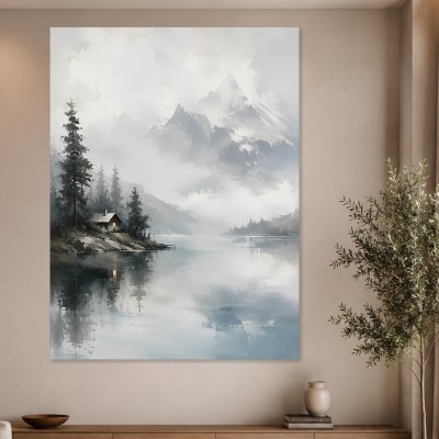 Nebliges Bergsee Panorama als Leinwand oder Fine Art Print