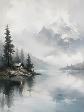 Nebliges Bergsee Panorama als Leinwand oder Fine Art Print