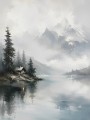 Nebliges Bergsee Panorama als Leinwand oder Fine Art Print