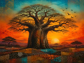 Baobab bei Sonnenuntergang als Wandbild oder Kunstdruck