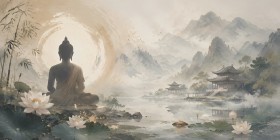 Meditativer Buddha am See, Leinwandbild oder Fine Art Print