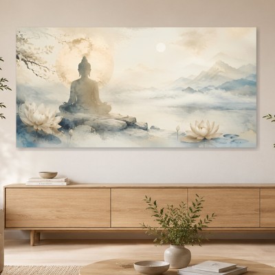 Meditative Buddha in Nebel und Lotus, Wandbild oder Acrylbild
