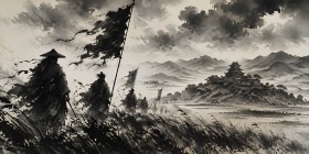 Mystische Samurai Landschaft als Fine Art Print und Wandbild Mystische Samurai Landschaft als Fine Art Print und Wandbild