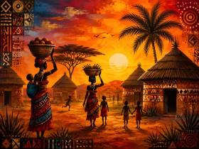 Afrikanisches Sonnenuntergangs-Motiv als Leinwand oder Kunstdruck