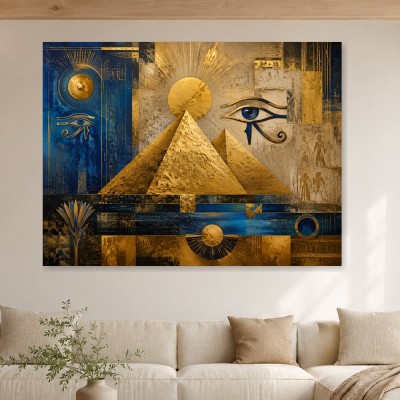 Ägyptische Pyramiden in Gold und Blau, Wandbild oder Kunstdruck