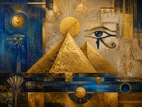 Ägyptische Pyramiden in Gold und Blau, Wandbild oder Kunstdruck