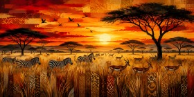 Afrikanische Savanne bei Sonnenuntergang als Leinwand oder Poster