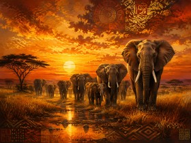 Elefanten bei Sonnenuntergang als Leinwandbild oder Fine Art Print