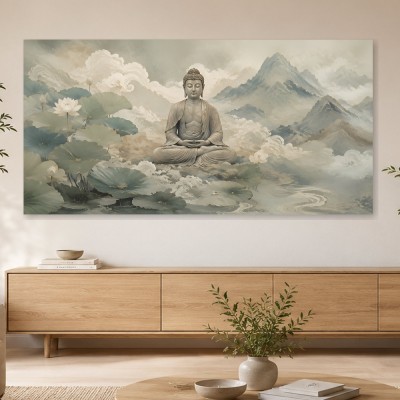 Meditativer Buddha zwischen Lotus und Bergen, Fine Art Print oder Gallery Leinwand