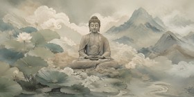 Meditativer Buddha zwischen Lotus und Bergen, Fine Art Print oder Gallery Leinwand