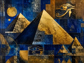 Goldene Pyramiden im Blau als Acrylbild oder Kunstdruck