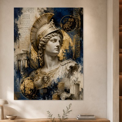 Antike Athena Kunstwerk oder Fine Art Print mit goldblauer Eleganz